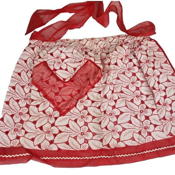 Vintage 40s 50s Half Apron Red White Chiffon Pinup Trad Wife Housewife - Picture 1 of 5